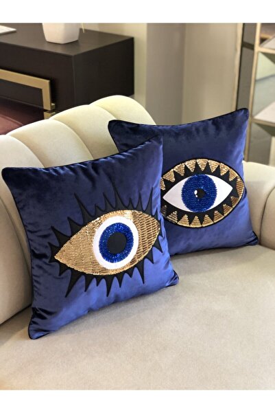 ge living Ikili Set Lacivert Gold Içi Mavi Göz Işlemeli Yastık Kılıfı