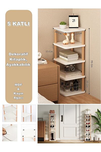 QuickBuy Dikey 5 Bölmeli Dekoratif Kitaplık Rafı Ayakkabı Organizeri Dekoratif Ayakkabılık Çok Amaçlı Raf