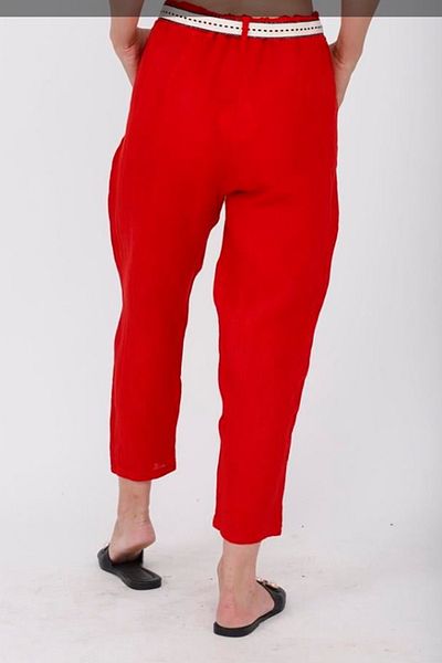 AYASOFYA OTANTIK Women's Italian Red Elastic Waist Belt Detailed Carrot Linen Trousers