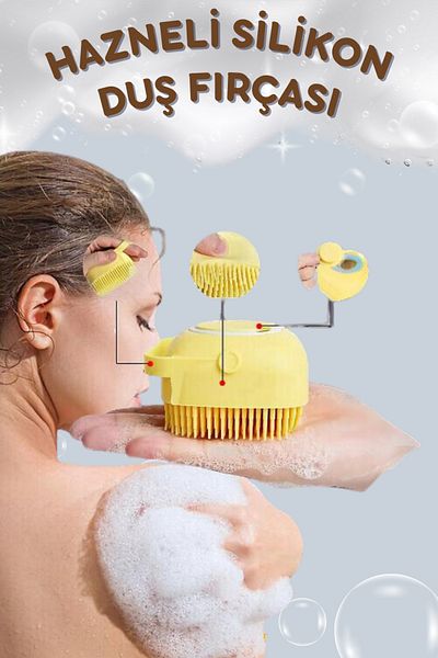 ALİN Silicone Exfoliating Shower Brush with Shampoo Chamber Yellow
