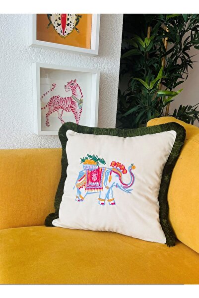 ge living Husă de pernă din catifea bej cu model elefant (45 cm x 45 cm)