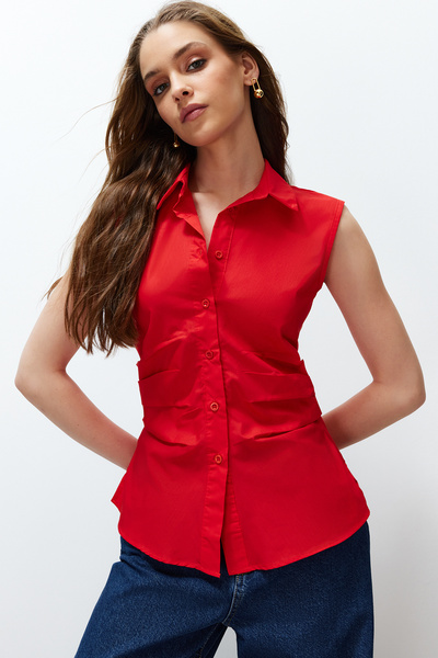 Trendyol Collection Piros redőzött testes/derékra ülő szőtt ing TWOSS24GO00085