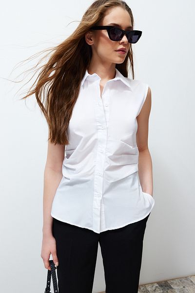Trendyol Collection Ecru Pleated Fitted/Waist-Sitting Woven Shirt TWOSS24GO00085