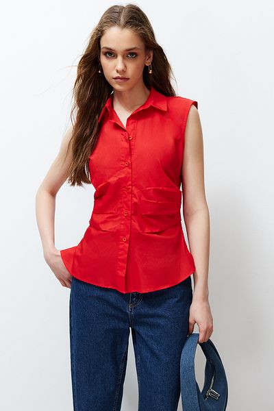 Trendyol Collection Red Pleated Fitted/Waist-Sitting Woven Shirt TWOSS24GO00085