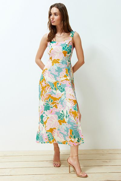 Trendyol Collection Multicolor Floral Print A-line 100% Viscous Midi Woven Dress TWOSS24EL00605