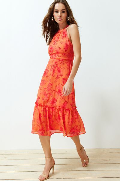 Trendyol Collection Orange Floral Print A-line Halter Neck Lined Midi Woven Dress TWOSS19LJ0200