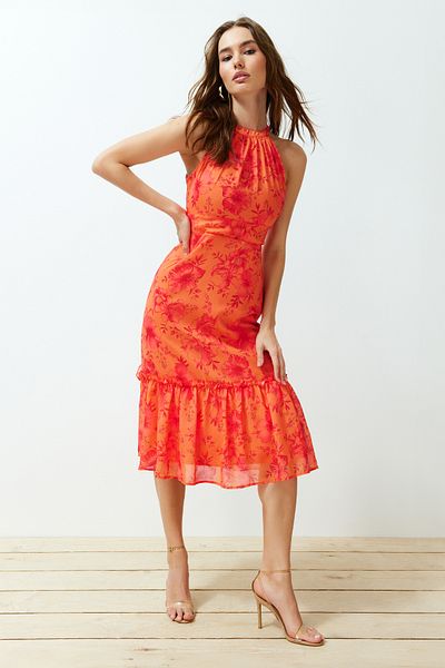 Trendyol Collection Orange Floral Print A-line Halter Neck Lined Midi Woven Dress TWOSS19LJ0200