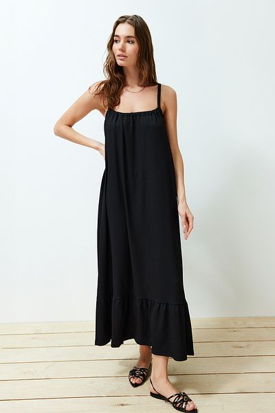 Trendyol Collection Sukienka maxi z czarnym tyłem, wiązana na ramiączkach i teksturowana, TWOSS24EL00259