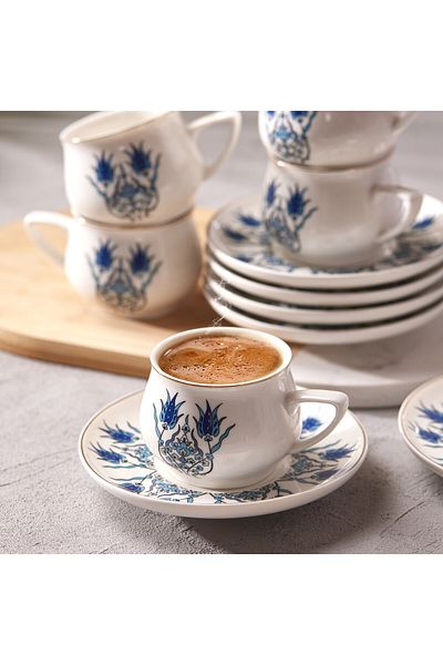 Karaca Iznik New Form Kaffeeservice für 6 Personen, 6x Espressotasse und 6x Untertasse, Robuste Mokk
