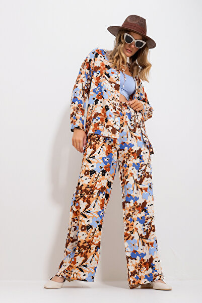 Trend Alaçatı Stili Női fahéj mintás ing és nadrág alsó felső szőtt szett Alc-X11746