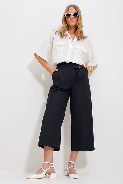 Trend Alaçatı Stili Schwarze Palazzo-Gewebte Hose mit zwei Taschen für Damen Alc-X11717