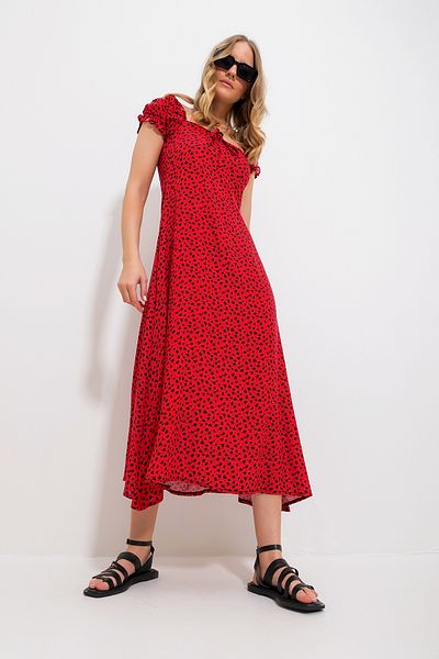 Trend Alaçatı Stili Women's Red Square Collar Floral Patterned Woven Dress Alc-X11735