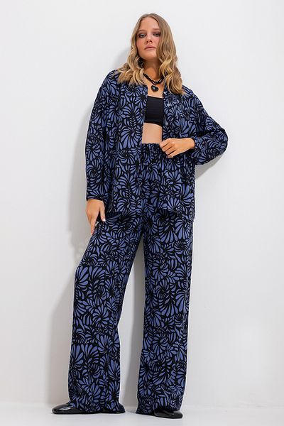 Trend Alaçatı Stili Women's Midnight Blue Patterned Shirt and Trousers Bottom Top Woven Set Alc-X11749