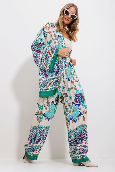 Trend Alaçatı Stili Women's Beige Kimono Jacket And Palazzo Pants Set Alc-X11751