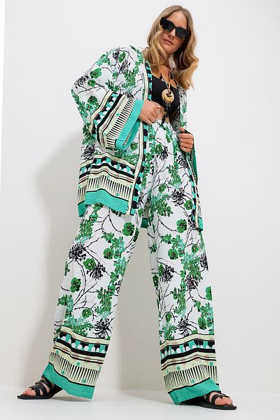 Trend Alaçatı Stili Women's Green-White Kimono Jacket and Palazzo Pants Set Alc-X11751