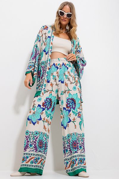 Trend Alaçatı Stili Women's Beige Kimono Jacket And Palazzo Pants Set Alc-X11751