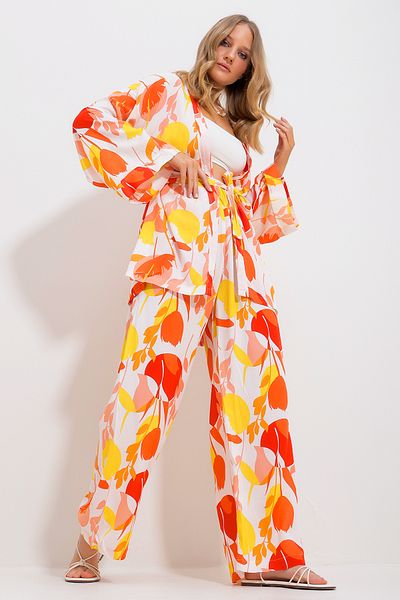 Trend Alaçatı Stili Women's Orange Kimono Jacket and Palazzo Pants Set Alc-X11750