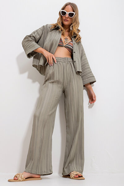 Trend Alaçatı Stili Női khaki, saját textúrájú rugalmas derék Palazzo nadrág Alc-X11718