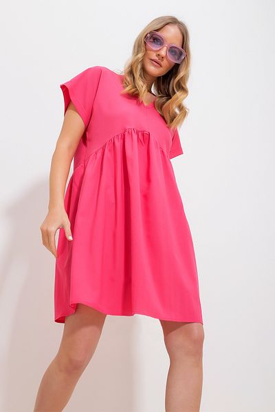 Trend Alaçatı Stili Rochie de damă, fucsia, cu decolteu în V, cu mâneci duble, țesute cu volan Alc-X11731