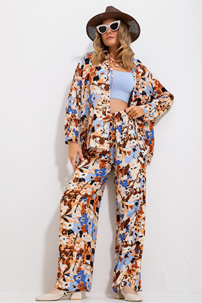 Trend Alaçatı Stili Női fahéj mintás ing és nadrág alsó felső szőtt szett Alc-X11746