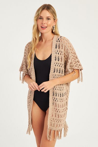 Cool & Sexy Women's Beige Openwork Tasseled Cardigan YV224