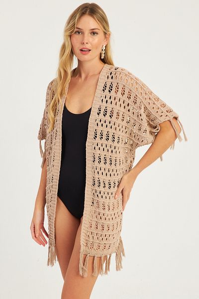 Cool & Sexy Women's Beige Openwork Tasseled Cardigan YV224