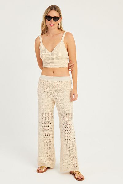 Cool & Sexy Women's Ecru Curved Knitwear Pants YZ3062