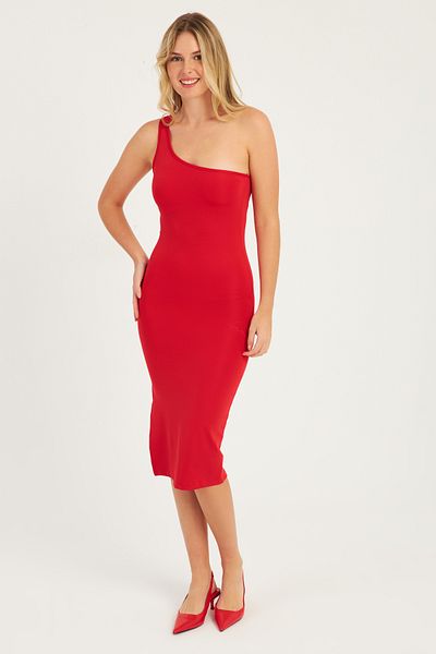 Cool & Sexy Women's Red One Shoulder Midi Dress CG343
