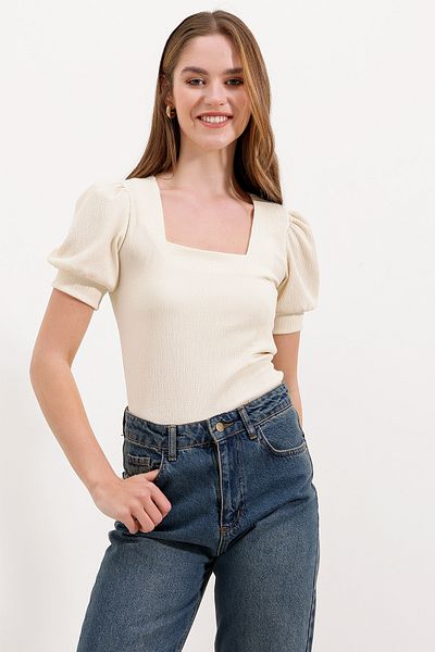 Bigdart 0409 Square Neck Knitted Blouse - D. Cream