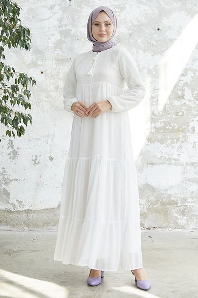 InStyle Rochie Yoryo din șifon cu guler cu șireturi - albă