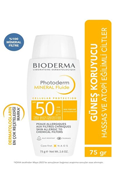 Bioderma Photoderm MINERAL Fluid SPF50+Kimyasal filtre alerjisi,hassas,atopi eğilimli güneş koruyucu