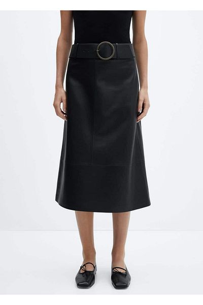 MANGO Woman Leather Look Belted Midi Skirt