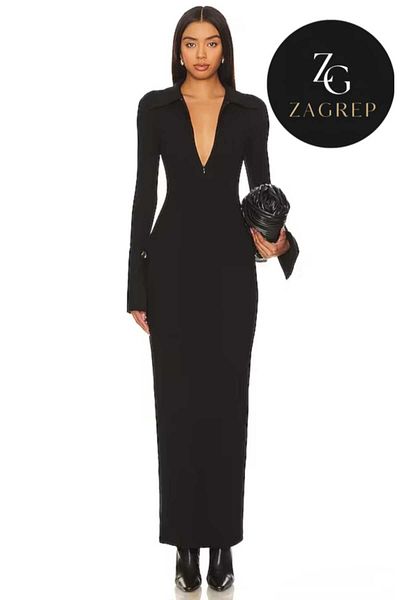 Zagrep Rochie maxi neagră pentru femei, cu fermoar ascuns, cu mâneci cu rever, rochie din jerseu de mătase