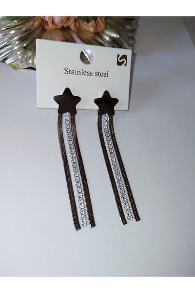 MİRAKSESUAR Steel Earrings with Star Detail and Silver Waterway Crush Chain