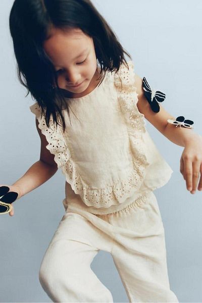 minibambi Girl's Linen Blouse and Trousers Set - Lace Detail