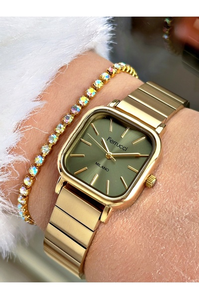 Ferrucci Altın Renk Kare Kasa Tasarım Çelik Kordon Kadın Kol Saati + Bileklik