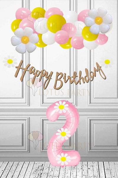LOTUS PARTY 2 Year Old Birthday Party Set - Daisies Themed, Pink Figure Foil Balloon and Daisy Foil Balloon
