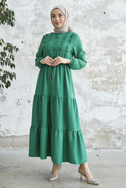 InStyle Ruffle Detailed Buttoned Ayrobin Dress - Green