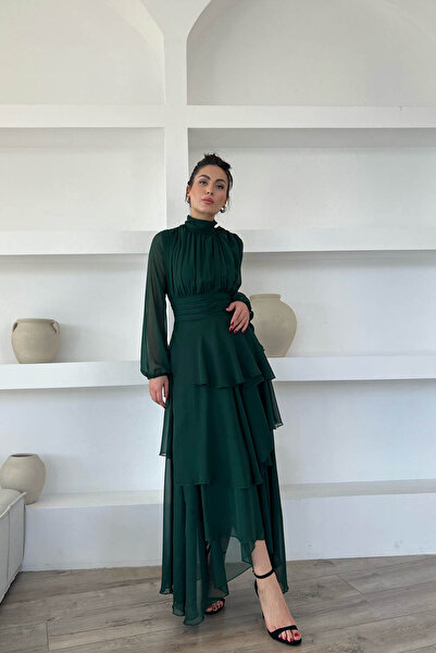 Seda Yalçın Atelier Emerald Green Turtleneck Dress with Drape Detail