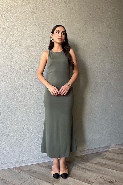 Seda Yalçın Atelier Khaki Zero Sleeve Crew Neck Midi Dress