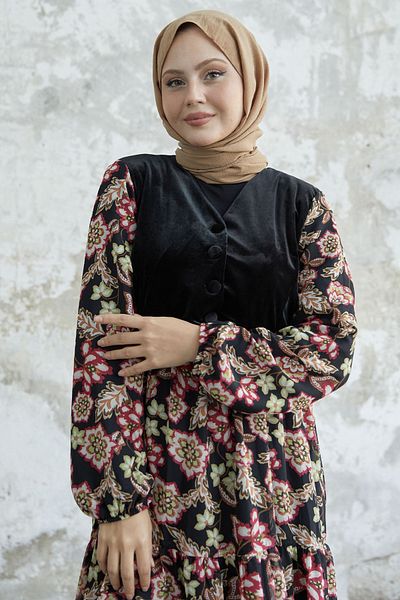 InStyle Floral Velvet Pocket Chiffon Dress Red