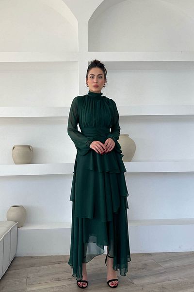 Seda Yalçın Atelier Emerald Green Turtleneck Dress with Drape Detail