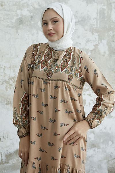 InStyle Rochie din viscoza cu model cu guler cravata - bej