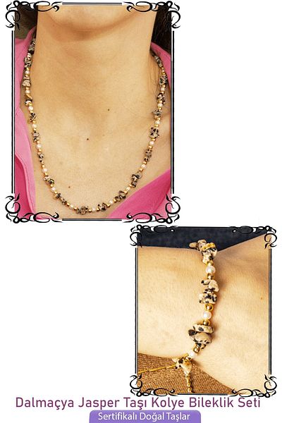 Tesbih Atölyesi Dalmatian Jasper Stone Natural Stone Necklace Bracelet Set with Certified Pearls
