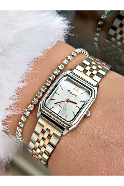 Ferrucci Gümüş Rosegold Renk Kare Kasa Çelik Kordon Kadın Kol Saati Bileklik