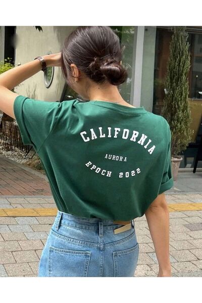 LOUİSA Дамска зелена калифорнийска тениска с принт на гърба и широка яка