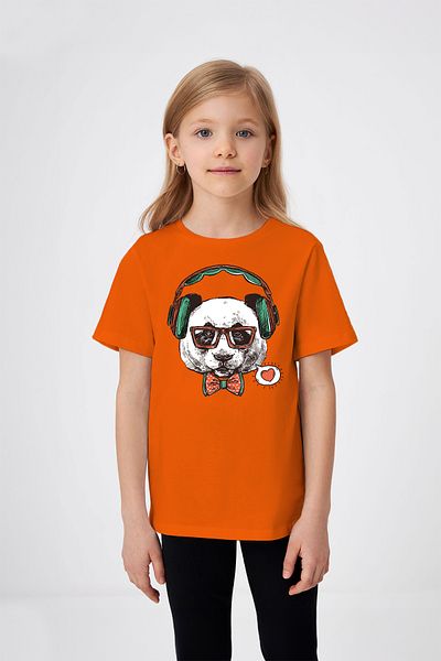 ADABEBEK Panda Printed T-Shirt Listening to Music with Bow Tie Detail