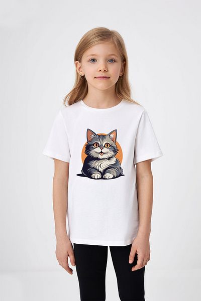 ADABEBEK Tricou pentru fetiță cu model de pisică așezată detaliat în cerc