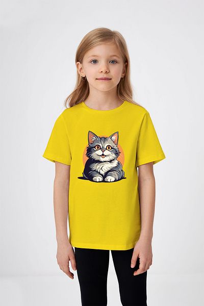 ADABEBEK Circle Detailed Sitting Cat Patterned Girl's T-Shirt