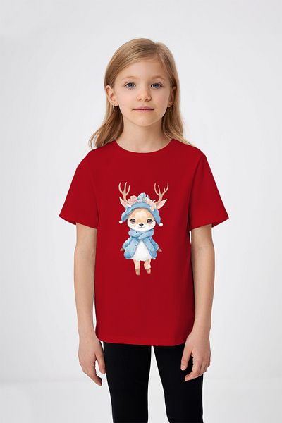 ADABEBEK Cute Baby Deer Patterned Girl's T-Shirt with Hat